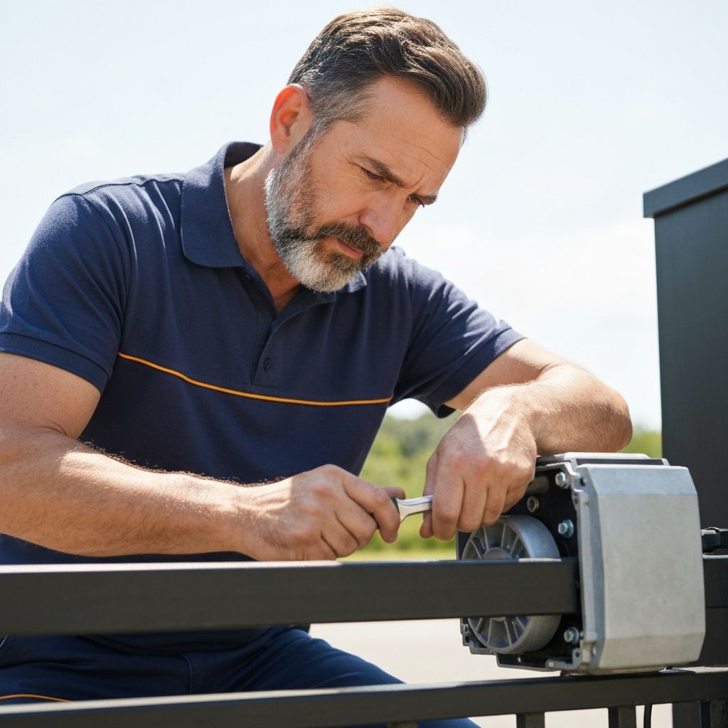 A Royal Eagle Gate technician repairing an electric driveway gate motor